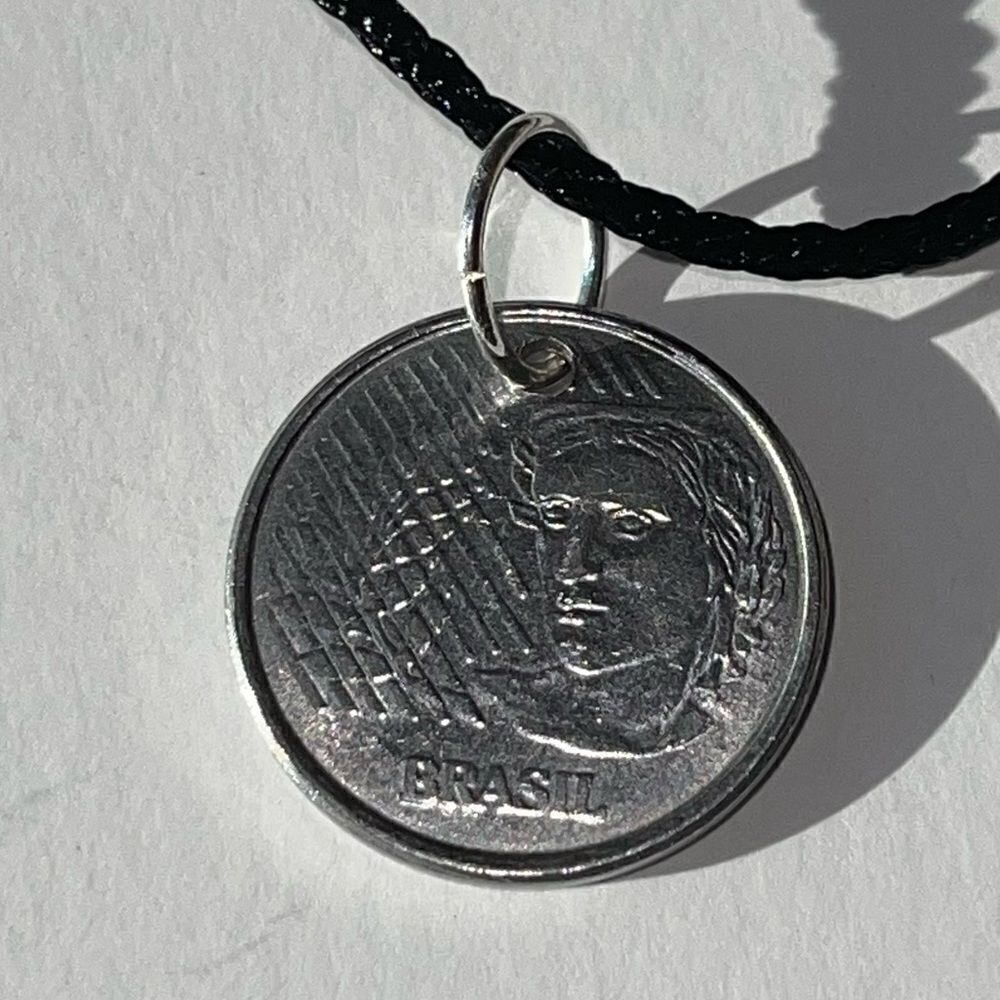 GENUINE BRAZIL 10 CENTAVOS COIN NECKLACE ON BLACK SILK CORD (1994)